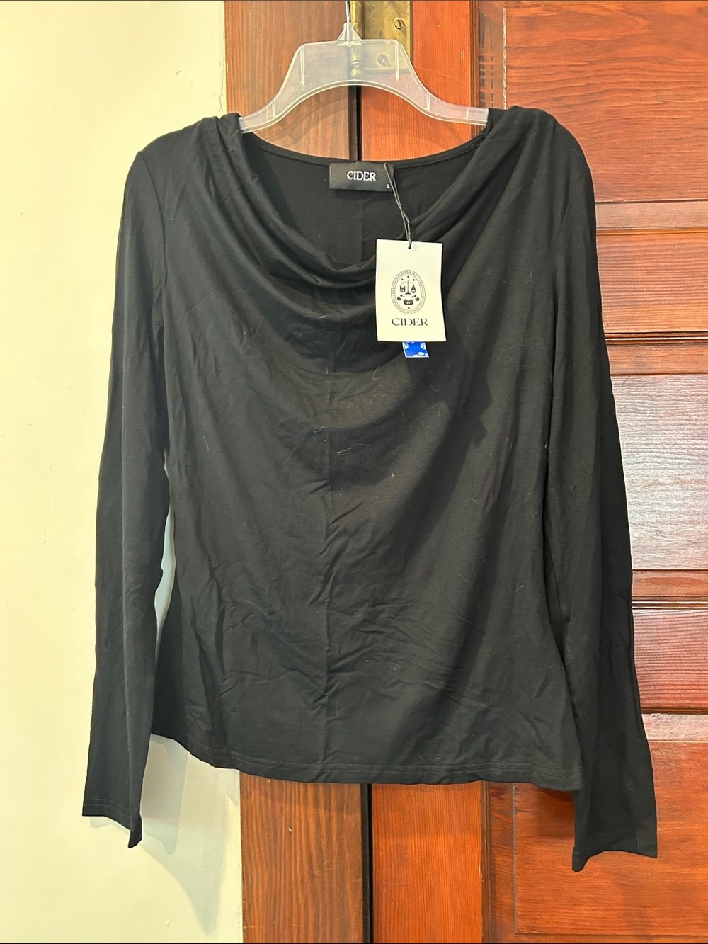 Cider Black Long-Sleeve Draped Neck Top L NWT